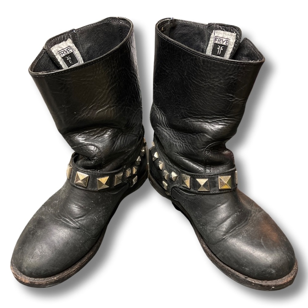 FRYE  Rogan Black Leather Motorcycle Engineer Studded Boots Women's Size 6.5